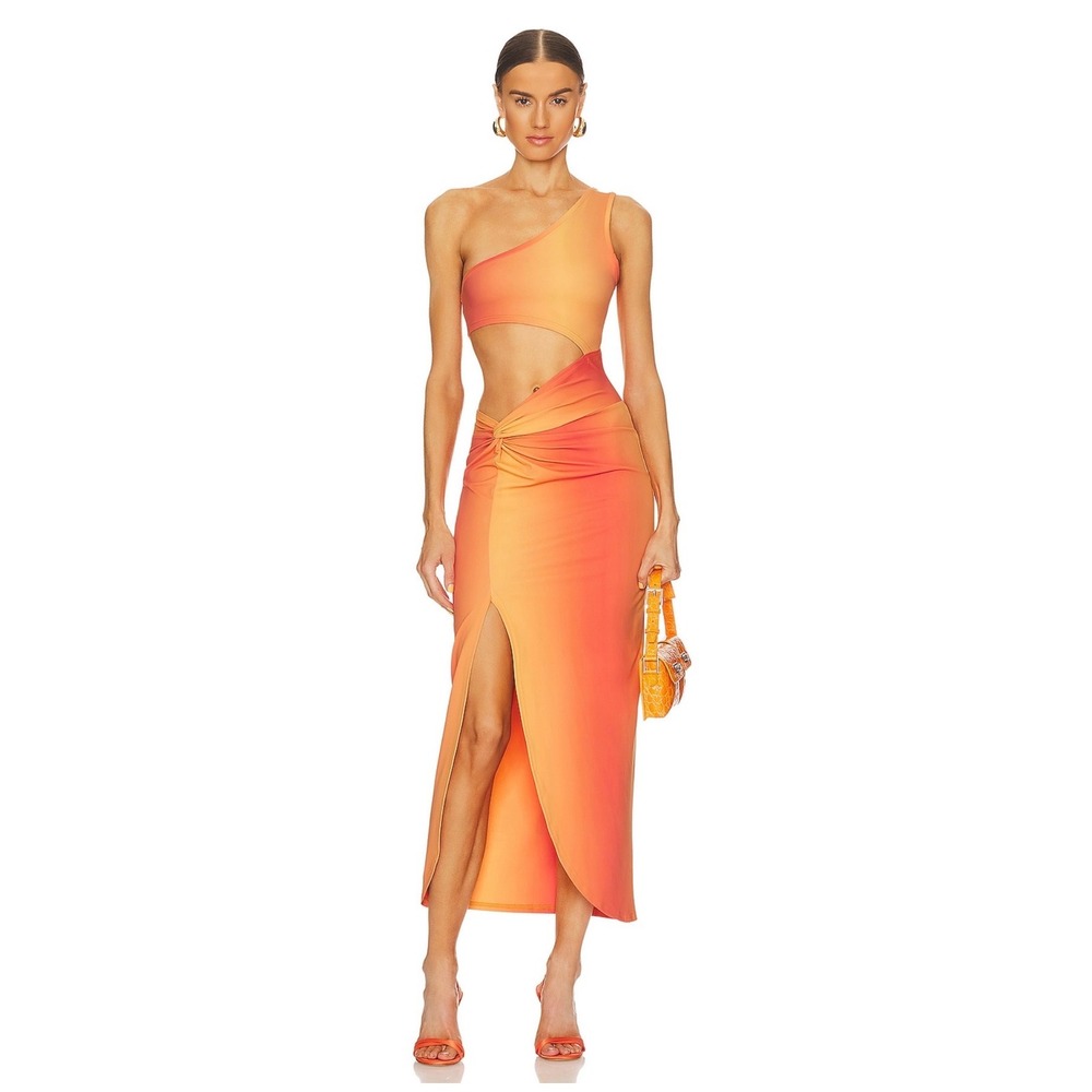 OW Collection Isabel Dress Gradient Print One Shoulder Cut Out Midi Orange M